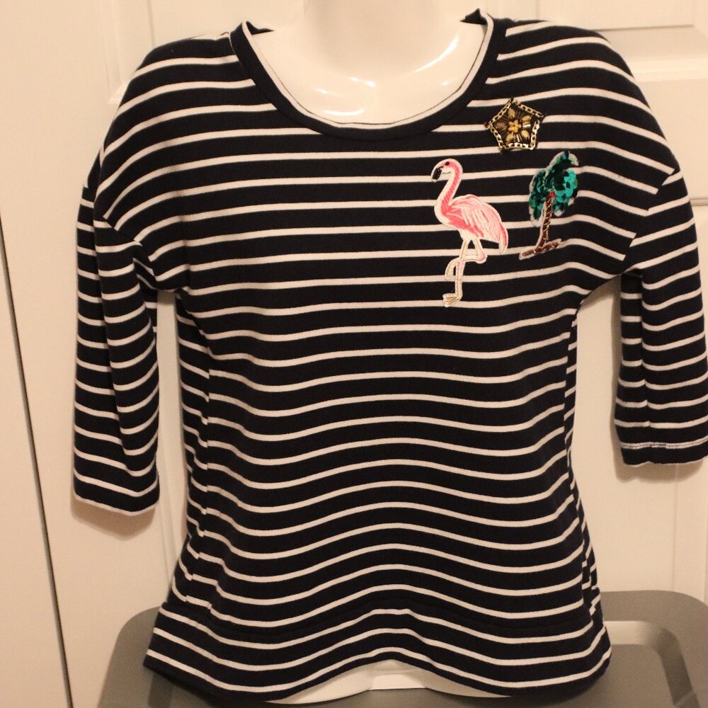 Casey Key Striped 3/4 Sleeve Tee with Flamingo/ Palm Tree Embellishments Large